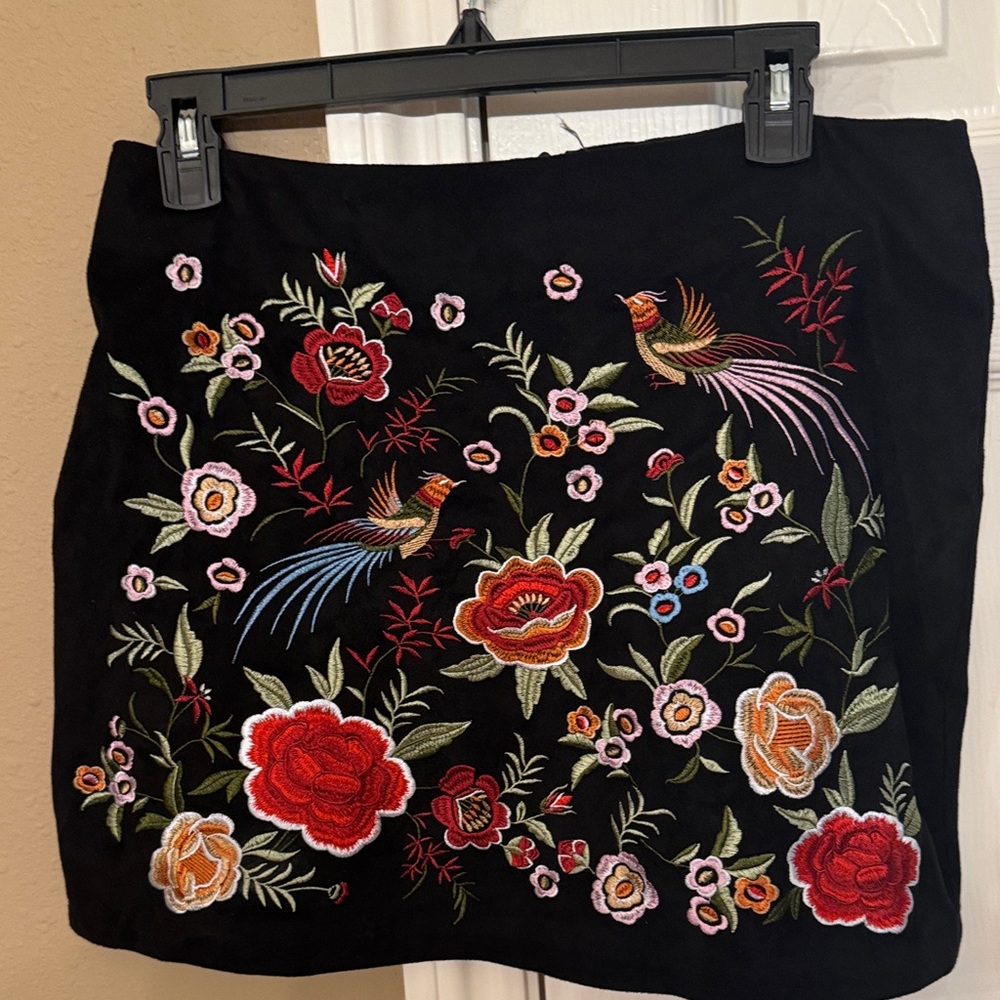 Forever 21 Black Mini Skirt with Red, Orange, Pink & Green Embroidered Floral